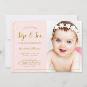 SipとSee Baby Shower Pink金ゴールドグリッター写真 招待状 (正面)