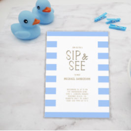 SipとSee Blue男の赤ちゃんストライプの招待状 ポストカード