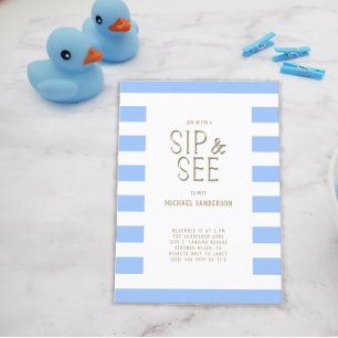 SipとSee Blue男の赤ちゃんストライプの招待状 ポストカード