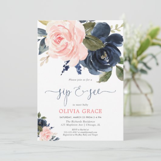 sipとsee girl赤面ピンクのネイビーブルーフローラ 招待状 (スタンド正面)