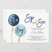 sipとSee navy blue balloons baby shower boy Inv 招待状 (正面/裏面)