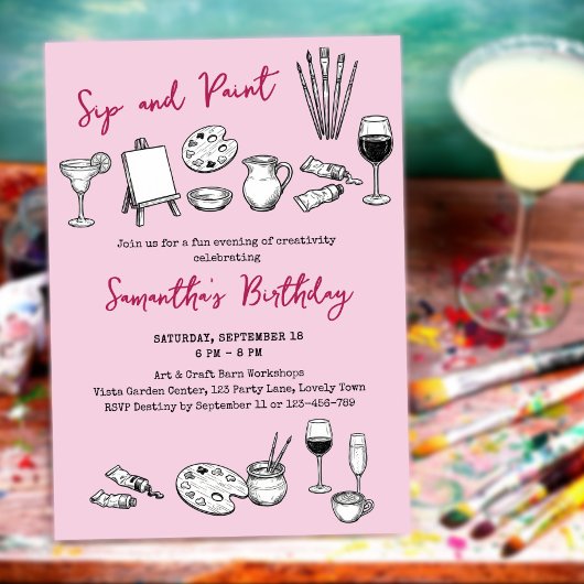 Sip and Paint Art and Wine Birthday Party 招待状