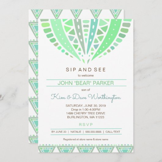 Sip and Seeベビーシャワー招待状、ボーイマンダラ 招待状 (正面/裏面)