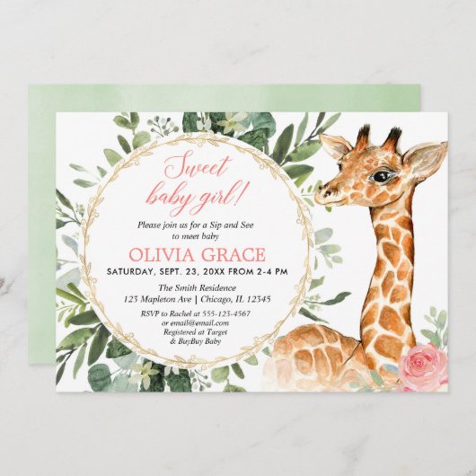 『Sip and See Baby Girl』キリン·ベビー·シャワー 招待状 (正面/裏面)