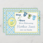 Sip and See Blue Gingham Bunting Baby Shower 招待状 (正面/裏面)
