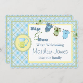 Sip and See Blue Gingham Bunting Baby Shower 招待状