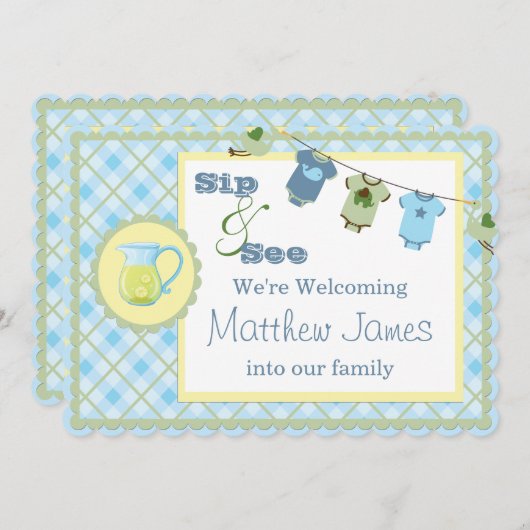 Sip and See Blue Gingham Bunting Baby Shower 招待状 (正面/裏面)
