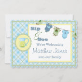 Sip and See Blue Gingham Bunting Baby Shower 招待状 (正面)