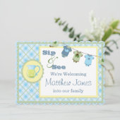 Sip and See Blue Gingham Bunting Baby Shower 招待状 (スタンド正面)