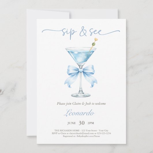 Sip and See Coquette Blue Bow Baby Boy 招待状 (正面)
