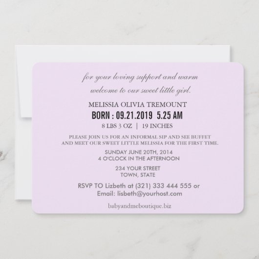 Sip and See Feather Nestフォトベビー発表 招待状 (裏面)