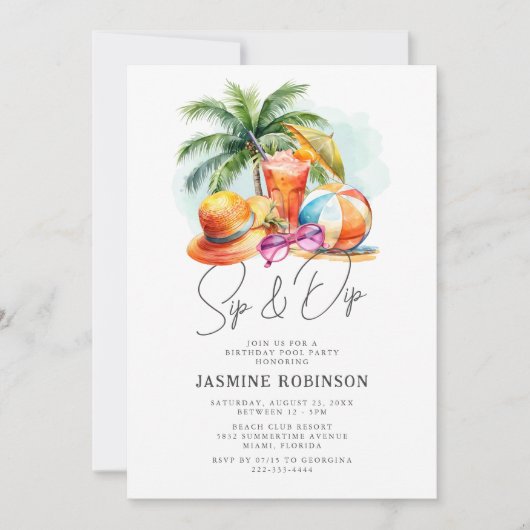Sip & Dipアダルト誕生日プールパーティー 招待状 (正面)