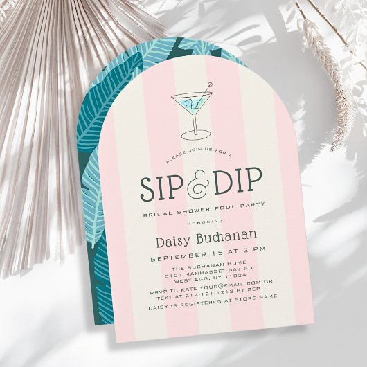 Sip & Dip Poolside Pink Stripes Bridal Shower 招待状