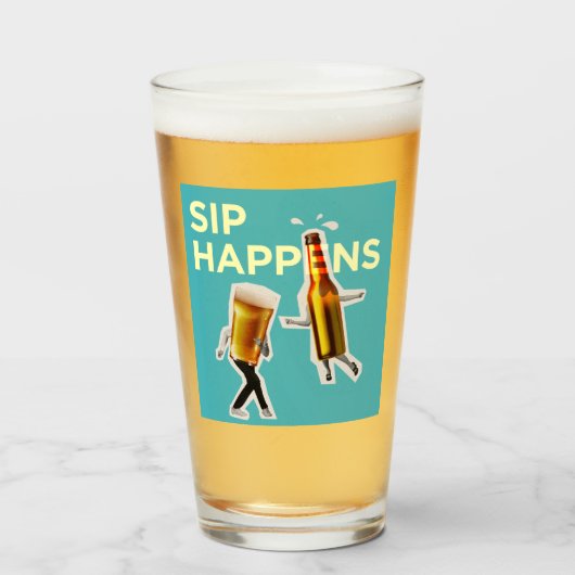 "Sip Happens" お茶目で陽気なビアグラス タンブラーグラス (ドリンク正面)