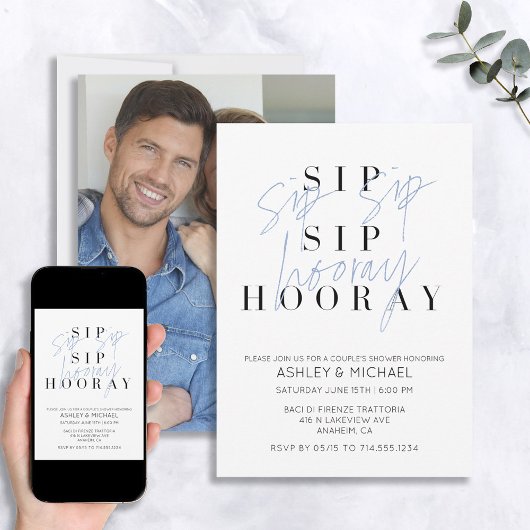 Sip Hooray Blueフォトカップルのシャワー 招待状