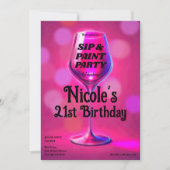 Sip & Pinkワ絵を描イングラス21歳の誕生日パーティー 招待状 (正面)