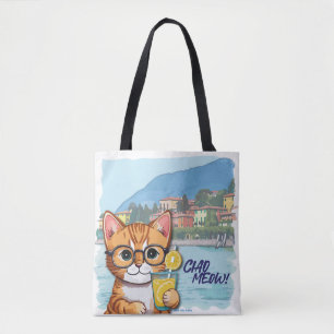 "Sip, Purr & Wander"休暇でかわいいオレンジ色の虎猫 トートバッグ