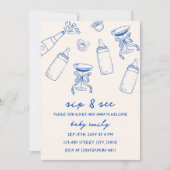 Sip & Seeハンドブルー図解入りの、写真付きの男の赤ちゃん 招待状 (正面)