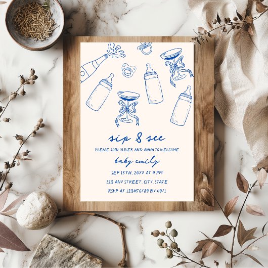 Sip & Seeハンドブルー図解入りの、写真付きの男の赤ちゃん 招待状