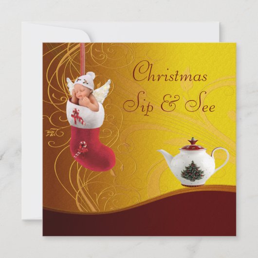 Sip & Seeベビーインクリスマスストッキングベビーシャワー 招待状 (正面)