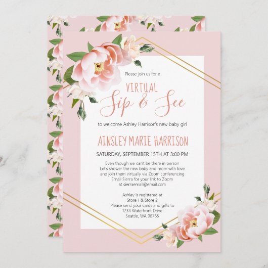 Sip & Seeベビーガール赤面ピンクバーチャルベビーシャワー 招待状 (正面/裏面)