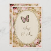 Sip & Seeヴィンテージ真珠レースバラバタフライ 招待状 (正面/裏面)