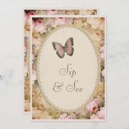Sip & Seeヴィンテージ真珠レースバラバタフライ 招待状