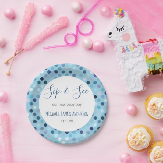 Sip & See男の赤ちゃんシャワーブルー水玉模様 ペーパープレート (パーティー)
