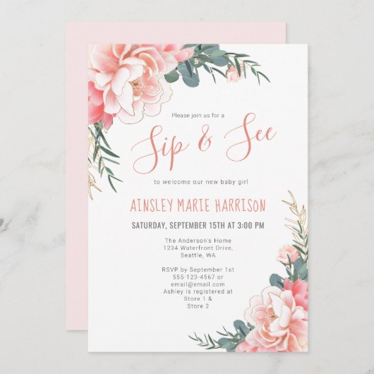 Sip & See赤面ピンク金ゴールドフローラガールベビーシャワー 招待状 (正面/裏面)