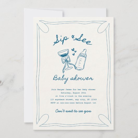 Sip & see boy baby shower 招待状 (正面)