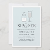 Sip & See Champagneボトルブルーベビーシャワー 招待状 (正面)