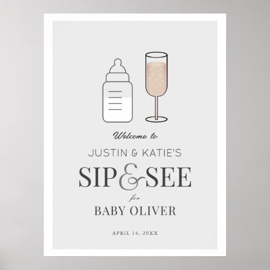 Sip & See Champagne Gray Baby Shower Welcome ポスター (正面)