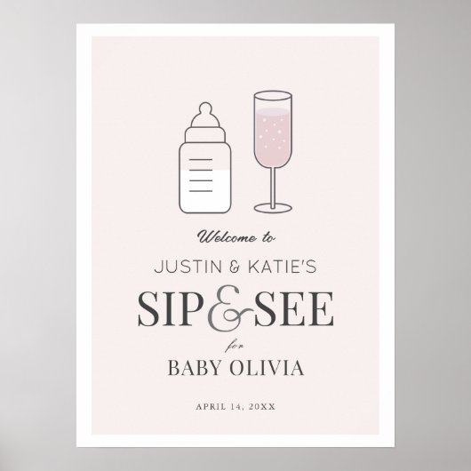 Sip & See Champagne Pink Baby Shower Welcome ポスター (正面)