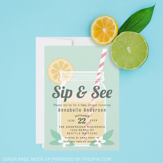 Sip & See Lemonade Mason Jar Baby Shower 招待状