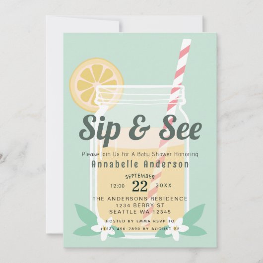 Sip & See Lemonade Mason Jar Baby Shower 招待状 (正面)