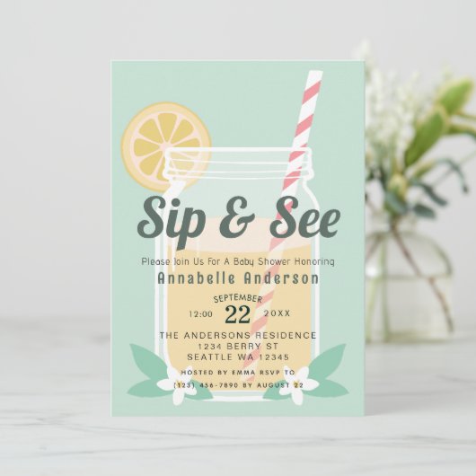 Sip & See Lemonade Mason Jar Baby Shower 招待状 (スタンド正面)