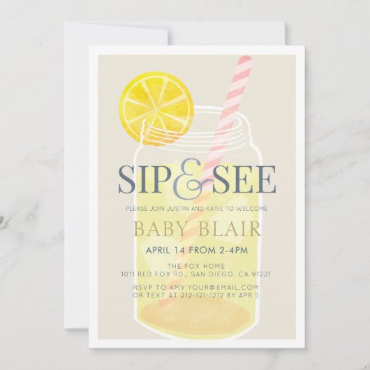 Sip & See Lemonade Mason Jar Beige Baby Shower 招待状 (正面)