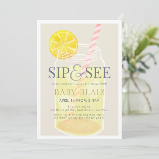 Sip & See Lemonade Mason Jar Beige Baby Shower 招待状 (スタンド正面)