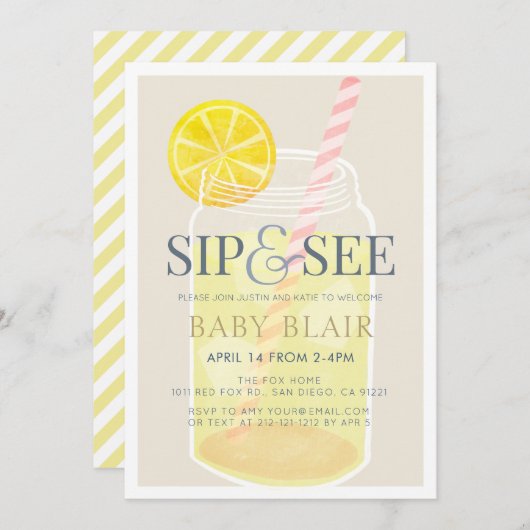 Sip & See Lemonade Mason Jar Beige Baby Shower 招待状 (正面/裏面)