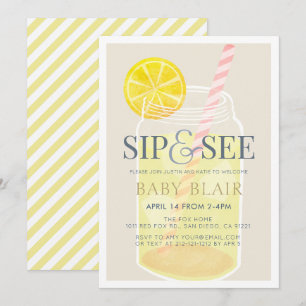Sip & See Lemonade Mason Jar Beige Baby Shower 招待状