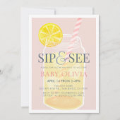 Sip & See Lemonade Mason Jar Pink Baby Shower 招待状 (正面)