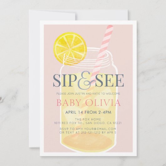 Sip & See Lemonade Mason Jar Pink Baby Shower 招待状 (正面)