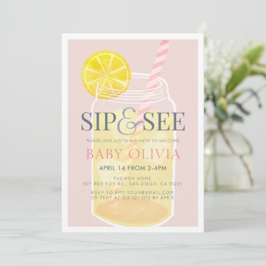 Sip & See Lemonade Mason Jar Pink Baby Shower 招待状 (スタンド正面)