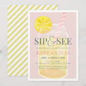 Sip & See Lemonade Mason Jar Pink Baby Shower 招待状 (正面/裏面)