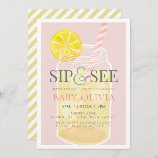 Sip & See Lemonade Mason Jar Pink Baby Shower 招待状 (正面/裏面)