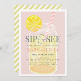 Sip & See Lemonade Mason Jar Pink Baby Shower 招待状