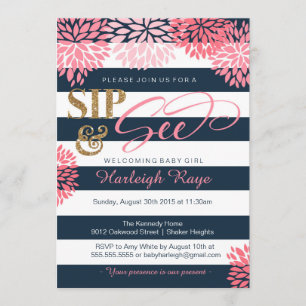 Sip & See Navy Blue and PinkグリッターBaby Shower 招待状