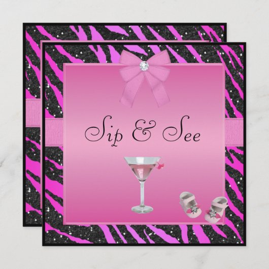Sip & See Zebra Print Pink & Black Baby Shawer 招待状 (正面/裏面)