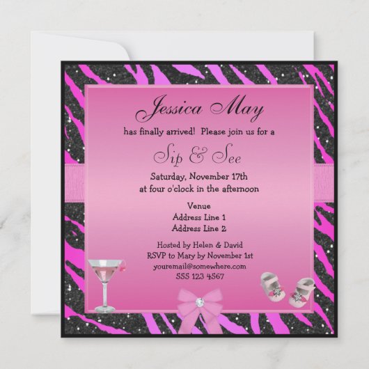Sip & See Zebra Print Pink & Black Baby Shawer 招待状 (裏面)