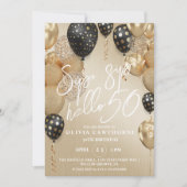 Sip, sipこんにちは50thブラック金ゴールドバルーン誕生日 招待状 (正面)